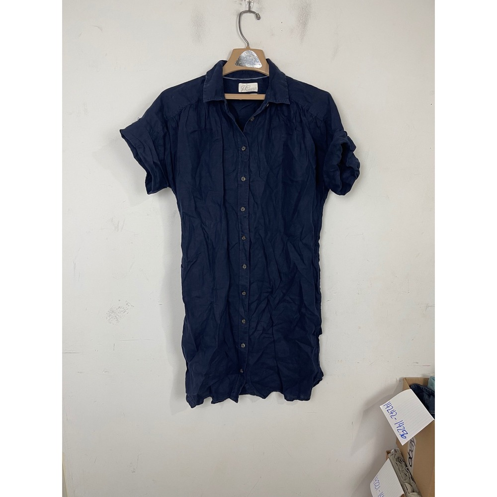 J.Crew Navy Blue 100% Linen Relaxed Shirt Dress with Pockets Womens‎ Small